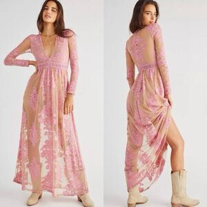 For Love & Lemons NWT Sheer Embroidered Maxi Dress Pink Nude Size Small Boho